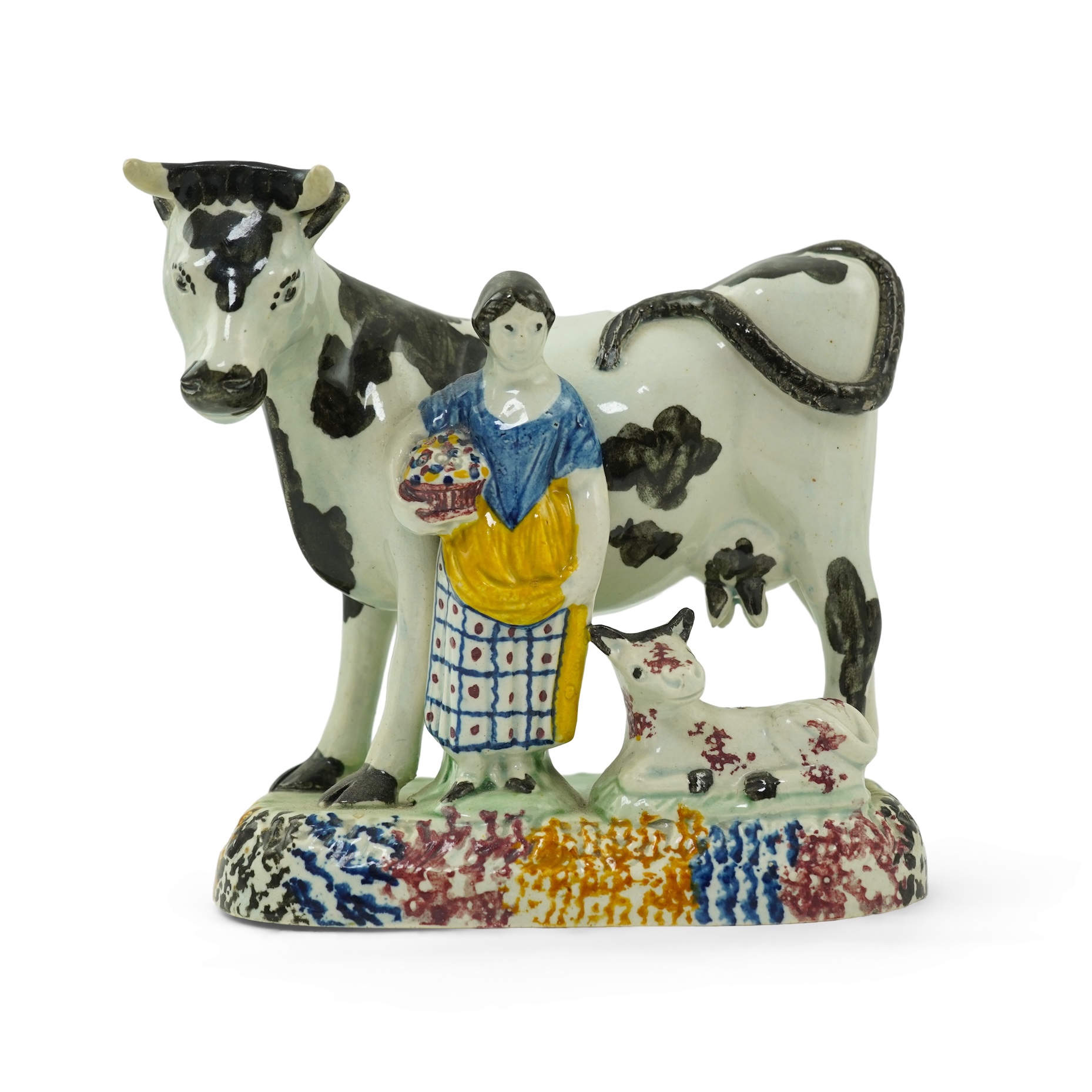 A James Emery, Mexborough pearlware cow, calf and milkmaid group, c.1820